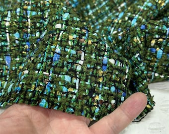 Green Tweed Fabric, Colorblock WoolTweed Boucle Fabric For Suit Coat, Dress 59 inches Width