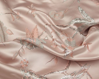 Luxury Pink Jacquard Brocade Fabric, Chinese Style Magpie Brocade Damask with Gold Embroidery For Dress  DIY fabric 57 inches width