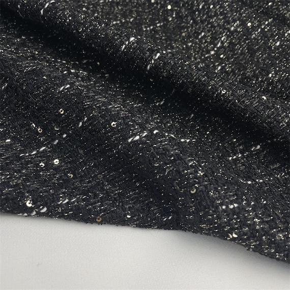 Shiny Gold and Black Tweed Fabric, Metallic Tweed Boucle