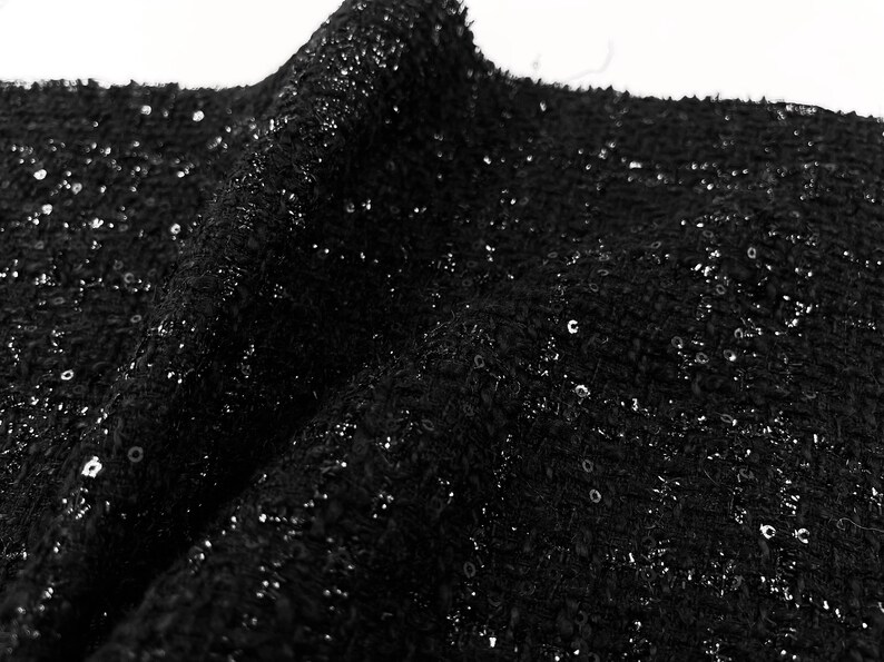 Sparkling Black Tweed Fabric by the Yard, Shiny Yarns Tweed Boucle Fabric with Sequins For Jacket, Suit Coat 59inches width image 9