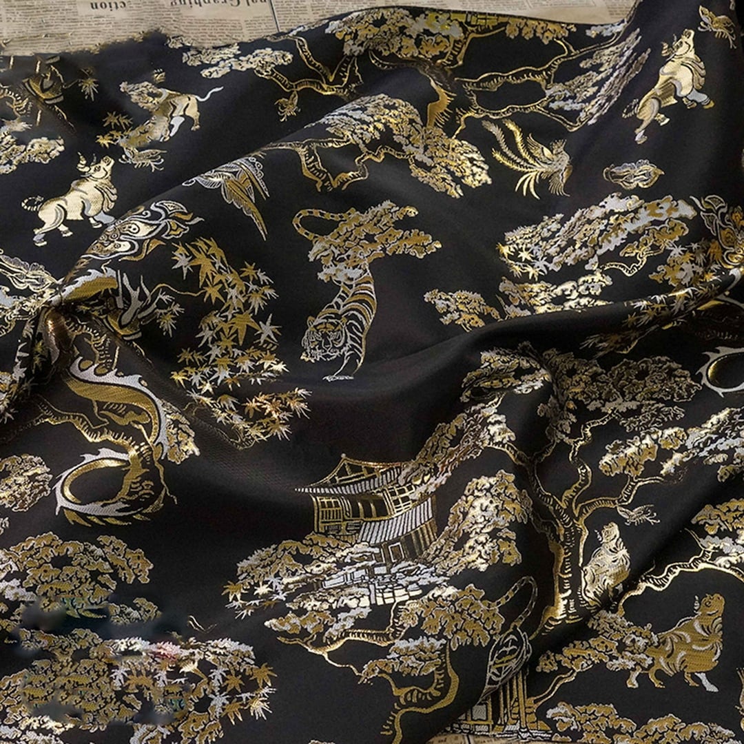 Tissu Brocart Jacquard Style Chinois - Motif Damas - Fausse Soie Peinte - Vendu Au Mètre (largeur <114cm)