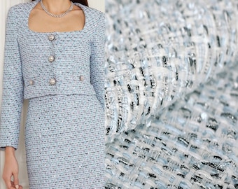 1 Yard Ice blue Tweed Boucle Fabric, Wool Woven Fabric with Sliver Metalized Yarn 59" W