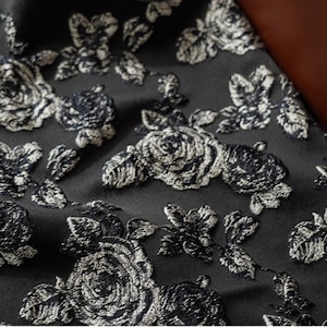 Shiny Black Jacquard Fabric, 3D Sliver Embroidered Rose Brocade, Damask Fabric for Dress, Haute Couture, DIY Fabric 51inches width
