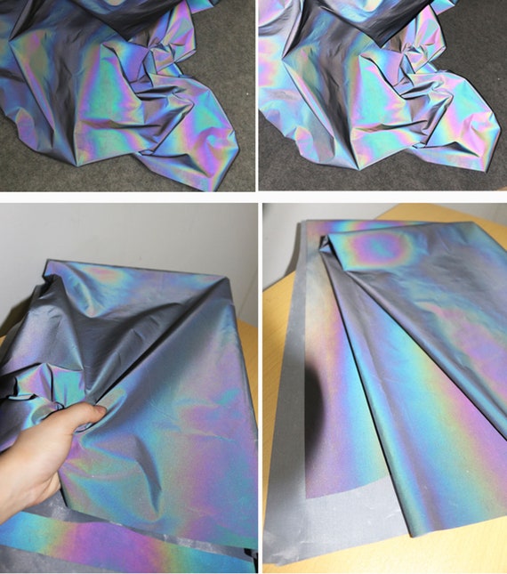 Reflective Colorful Creative Fabric Holographic Laser Translucent Fabric,Breathable Drape Chiffon Polyester Fabric,Blue rainbow By The Yard