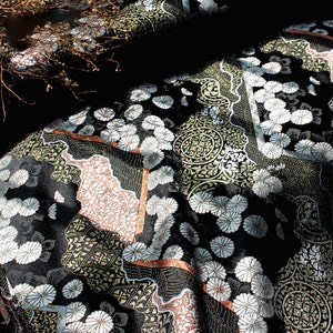 Black Kinran Brocade Jacquard, Gold Embroidered Janpanese Chrysanthemum Damask, For upholstery, Dress DIY fabric 57 inches width