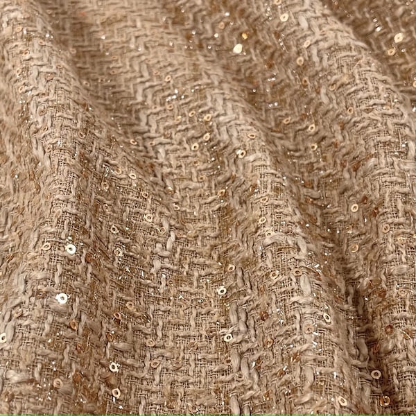 Sequins Tan Tweed Fabric by the Yard, Tweed Boucle Fabric For Jacket,  Suit Coat Fabric 59inches width