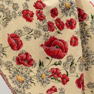 Poppy Flora Linen Jacquard Fabric, Vintage Upholstery Fabric, Furnishing Fabric For Home Decor,  DIY fabric 59 inches width