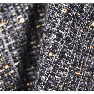 Gorgeous Dark Grey Tweed Fabric, Gold Sequins Tweed Boucle Fabric For Suit Coat, Jacket,  Dress Haute Couture 59 inches Width