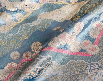 Gold Embroidered Brocade Jacquard, Janpanese Damask, Chrysanthemum Kinran For upholstery, Dress  DIY fabric 57 inches width