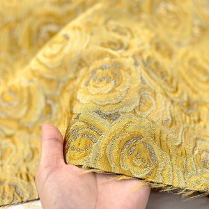 Yellow Rose Jacquard Fabric, Gold Metallic Thread Brocade Fabric, 3D Damask Fabric For Dress, Haute Couture, DIY fabric 57 inches width