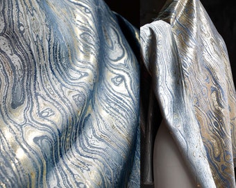 Blue Ripples Jacquard Fabric, Shiny Brocade Double Face Damask For Clothing, Haute Couture, Dress DIY fabric 59 inches width