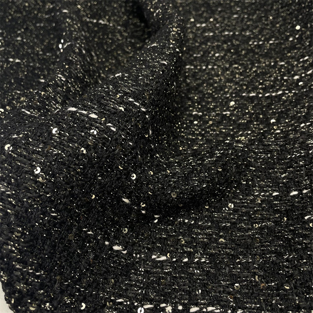 Shiny Gold and Black Tweed Fabric, Metallic Tweed Boucle Fabric