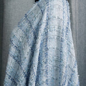 Blue Tweed Fabric, Lovely Check Tweed Boucle Fabric With Tassel for ...