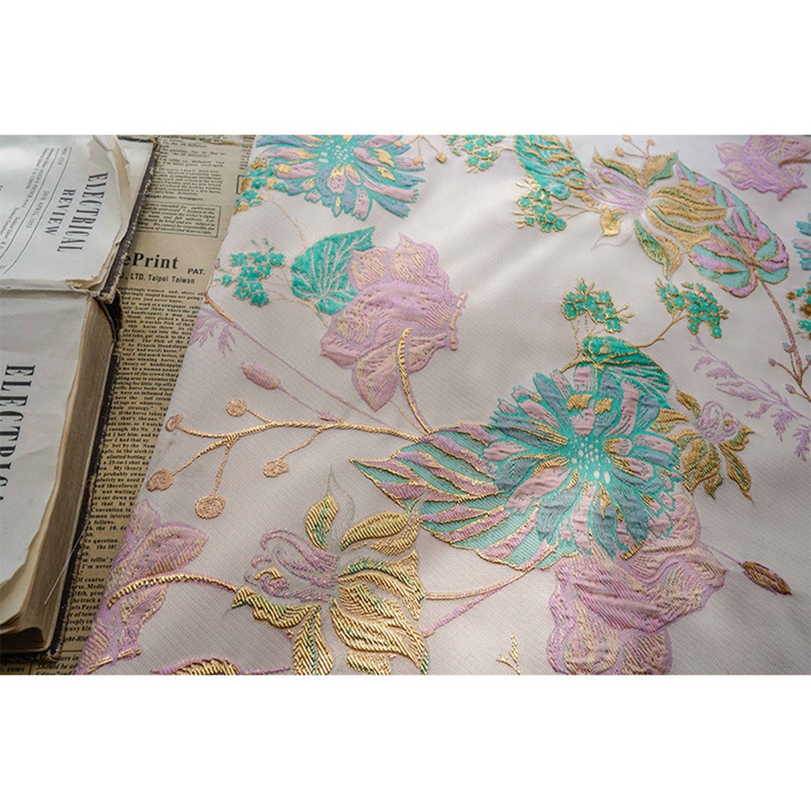 Vintage Floral Jacquard Fabric Embossed Damask Gold Thread - Etsy