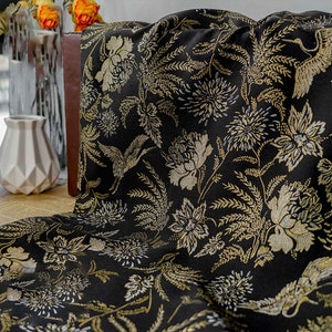 Gold Embroidered Black Jacquard Fabric, Exquisite Chinese  Brocade,Damask Fabric For upholstery, Dress  DIY fabric 57 inches width