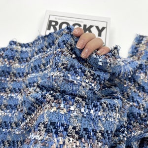 Blue Tassel Tweed Fabric, Tweed Boucle Fabric For Suit Coat, Dress, Jacket, Haute Couture 57 inches Width