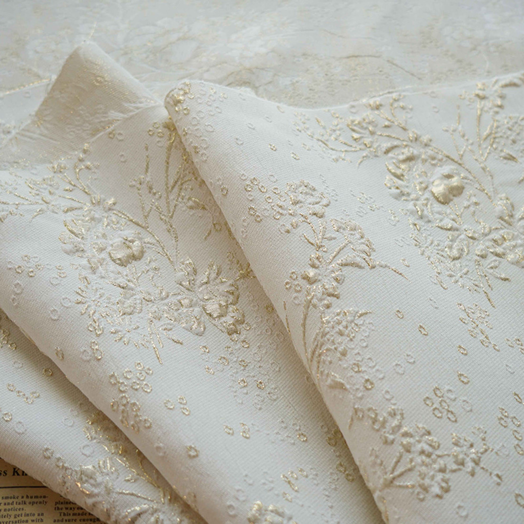 Elegant Ivory Jacquard Fabric, Shimmer 3D Flora Texture Embossed Brocade, Damsk Fabric for Dress, Haute Couture, DIY Fabric 55 inches