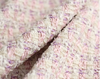 Pink Mauve Check Tweed Boucle Fabric, Woven Fabric with Metalized Yarn, Dense Fabric For Suit Coat,Jacket 59"