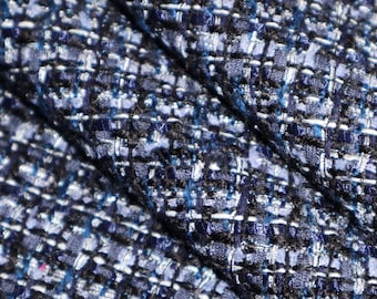 Tessuto tweed a quadri blu squisito, tessuto Boucle tweed colorblock per cappotto, abito Haute Couture 57 pollici di larghezza, venduto tagliato su misura