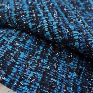 Blue Tweed Boucle Fabric, Woven Wool Tweed Fabric with Eyelash Tassel For Jacket Suit Coat Fabric 55 inches width