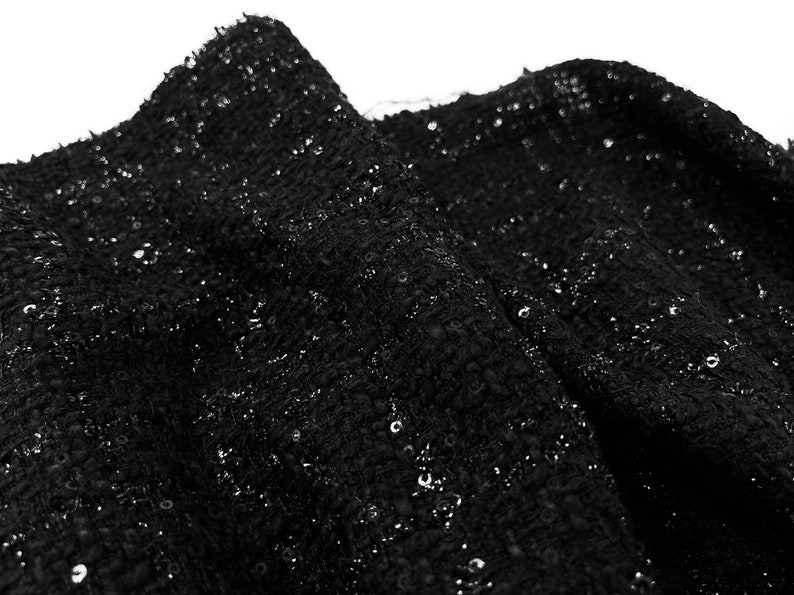 Sparkling Black Tweed Fabric by the Yard, Shiny Yarns Tweed Boucle Fabric with Sequins For Jacket, Suit Coat 59inches width image 2