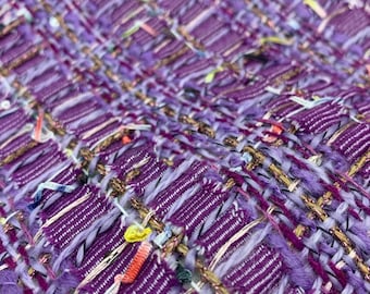 Luxury Purple Plaid Tweed Fabric, 10% Wool Woven Boucle Fabric with Tassel for Spring Apparel 53" W