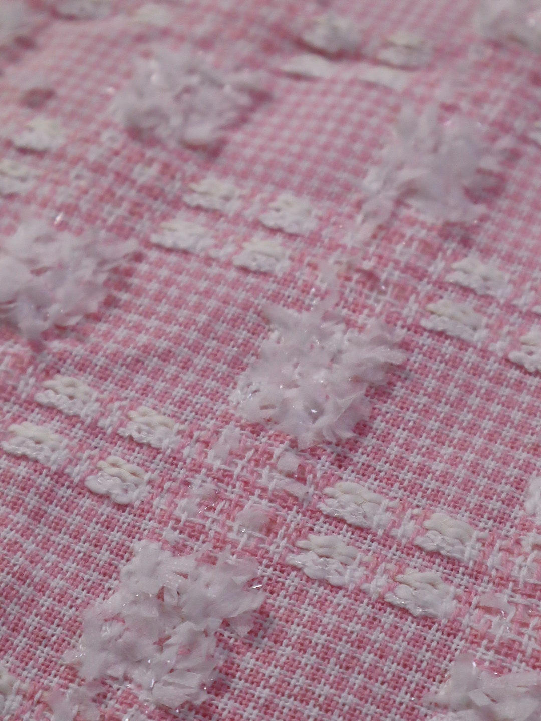 Spring Pink Tweed Fabric, Check Tweed Boucle Fabric With Tassel for ...