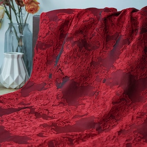 Red Jacquard Fabric, Court Style Lace Flora Brocade, Damask For Haute Couture, Dress DIY fabric 55 inches width