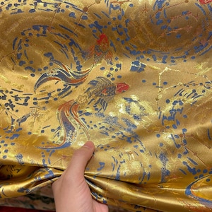 Luxury Gold Brocade fabric, Yellow Silk Jacquard, Pisces Damask, For Haute Couture, Costume, DIY Crafts 59 inches Width