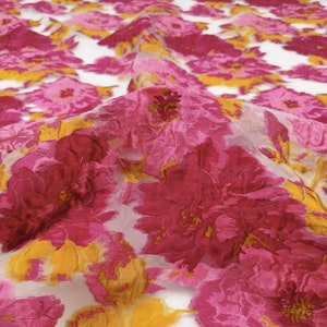 Bright Pink Organza Jacquard Fabric, Emboss Brocade, Flower Damask Blossom For Dress, Upholstery DIY fabric 59 inches width