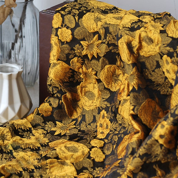Yellow Emboss Jacquard Fabric, Sunflower Upholstery Fabric, Damask Home Decor Brocade For Furnishing, Dress  DIY fabric 63 inches width