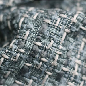 Blue Grey Tweed Boucle Fabric, Woven Ribbon Tweed Fabric For Jacket, Suit Coat Fabric 57 inches width