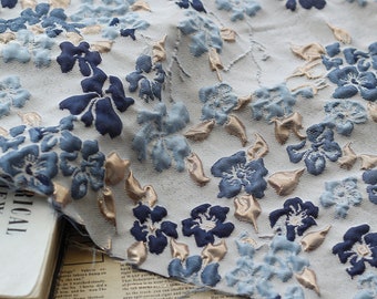 Blue Floral Emboss Jacquard Fabric, Exquisite Brocade,Damask Fabric For upholstery, Dress  DIY fabric 55 inches width