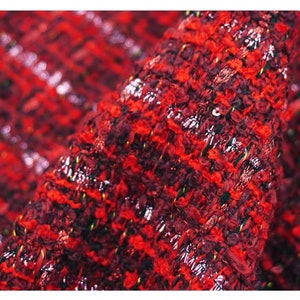 Red Tweed Fabric, Wool Tweed Boucle Fabric with Metalized Yarn For Suit Coat, Dress, Haute Couture 59inches Width