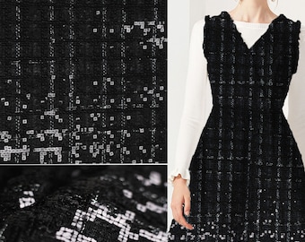 Black Sequins Tweed Boucle Fabric, Woven Fabric for Coat, Pinafore 57inches width