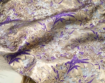 Tecido jacquard dourado de luxo, brocado damasco floral roxo em relevo para alta costura, tecido para confecção de vestidos, 150 cm de largura.