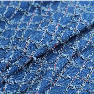 Blue Tweed Boucle Fabric, Woven Check Pattern Dense Tweed Fabric For Suit Coat Fabric 57 inches width