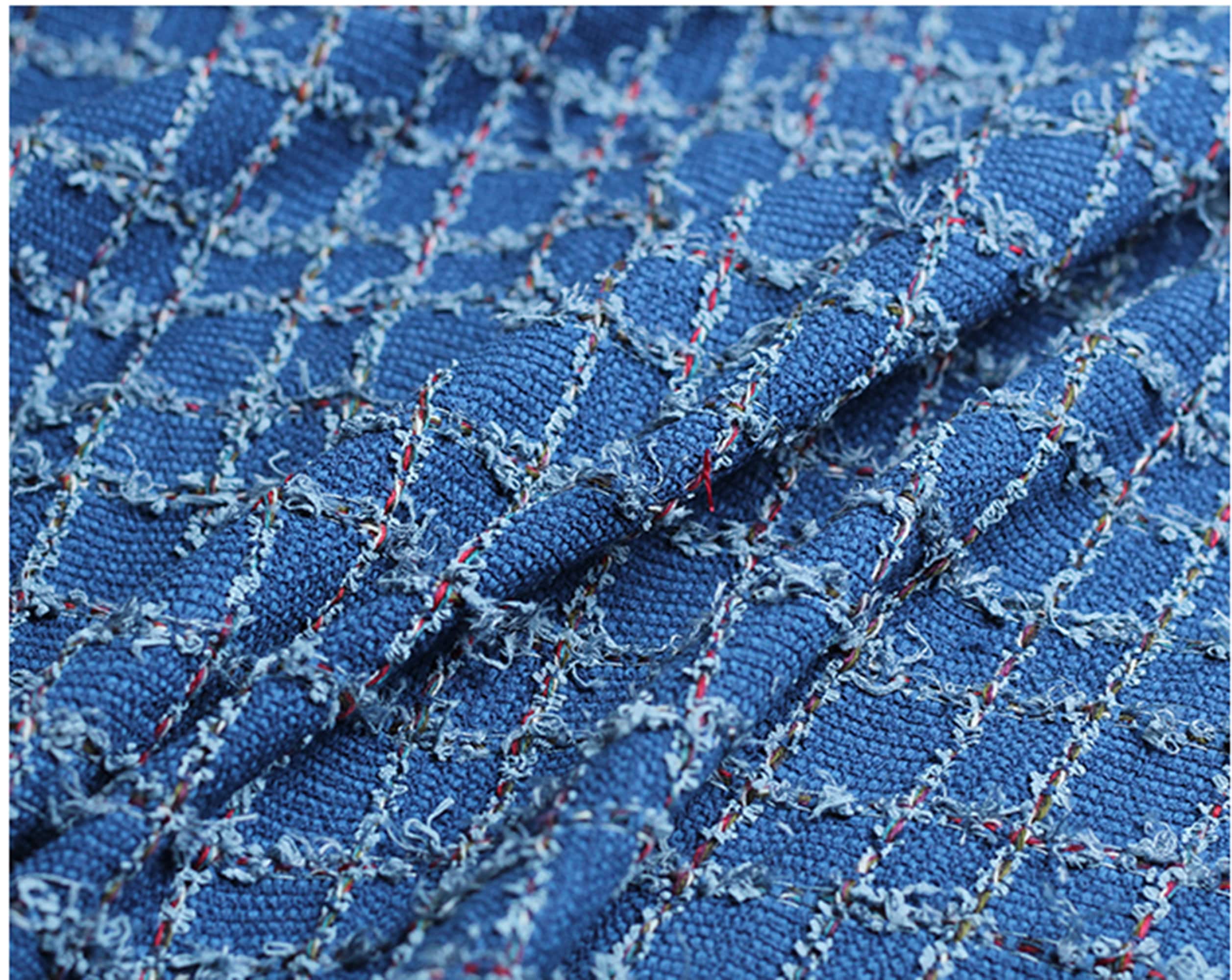 Blue Tweed Boucle Fabric, Woven Check Pattern Dense Tweed Fabric For Suit Coat Fabric 57 inches width