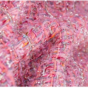 Luxury Pink Tweed Fabric, Sliver Metallic Tweed Boucle Fabric with Tassel For Suit Coat, Dress Haute Couture 59 inches Width