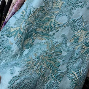 Cyan Jacquard Fabric, Embossed Flower Brocade with Gold Embroidered Damask For Haute Couture, Dress, Designer Fabric,57 inches width
