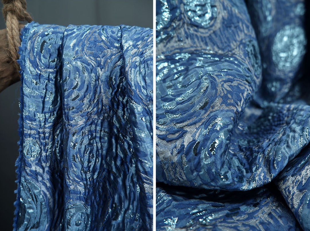 Sparkling Royal Blue Jacquard Fabric, Exquisite Emboss Brocade, Pelated ...