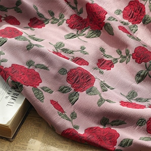 Red Rose Jacquard Fabric, Vintage Embossed Upholstery Fabric Damask Brocade For DIY fabric 57 inches width