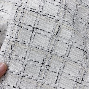 Off White Tweed Fabric, Black Check Tweed Tassel Boucle Fabric For Suit Coat, Dress Haute Couture 59 inches Width