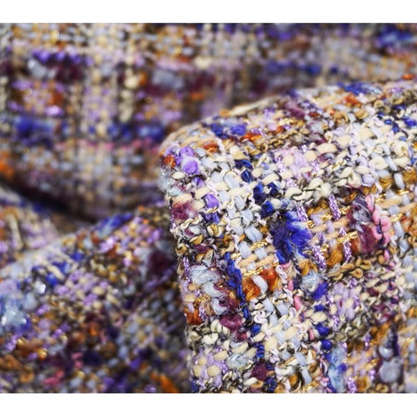 Colorblock Lila Karo Tweed Stoff, Metallic Wolle Tweed Boucle Stoff Für Anzug Mantel, Kleid Haute Couture 150 cm Breite