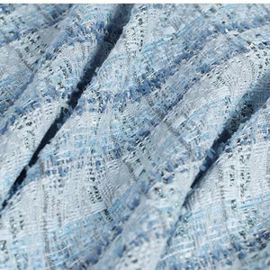 Niebieski materiał tweedowy, piękny materiał boucle tweedowy w kratkę z frędzlami na garnitur, płaszcz, sukienkę, kurtkę, haute couture, szerokość 59 cali