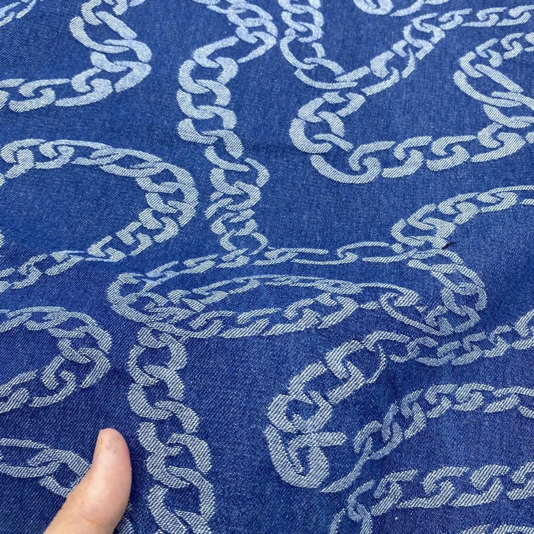 Fabric Chain Pattern Medium Blue Denim Fabric, Chain Pattern Jacquard Denim, Cotton Denim ...