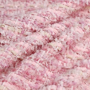 Sweet Pink Tweed Boucle Fabric, Woven 20% Wool Tweed Fabric with Tassel For Jacket Suit Coat Fabric 57 inches width