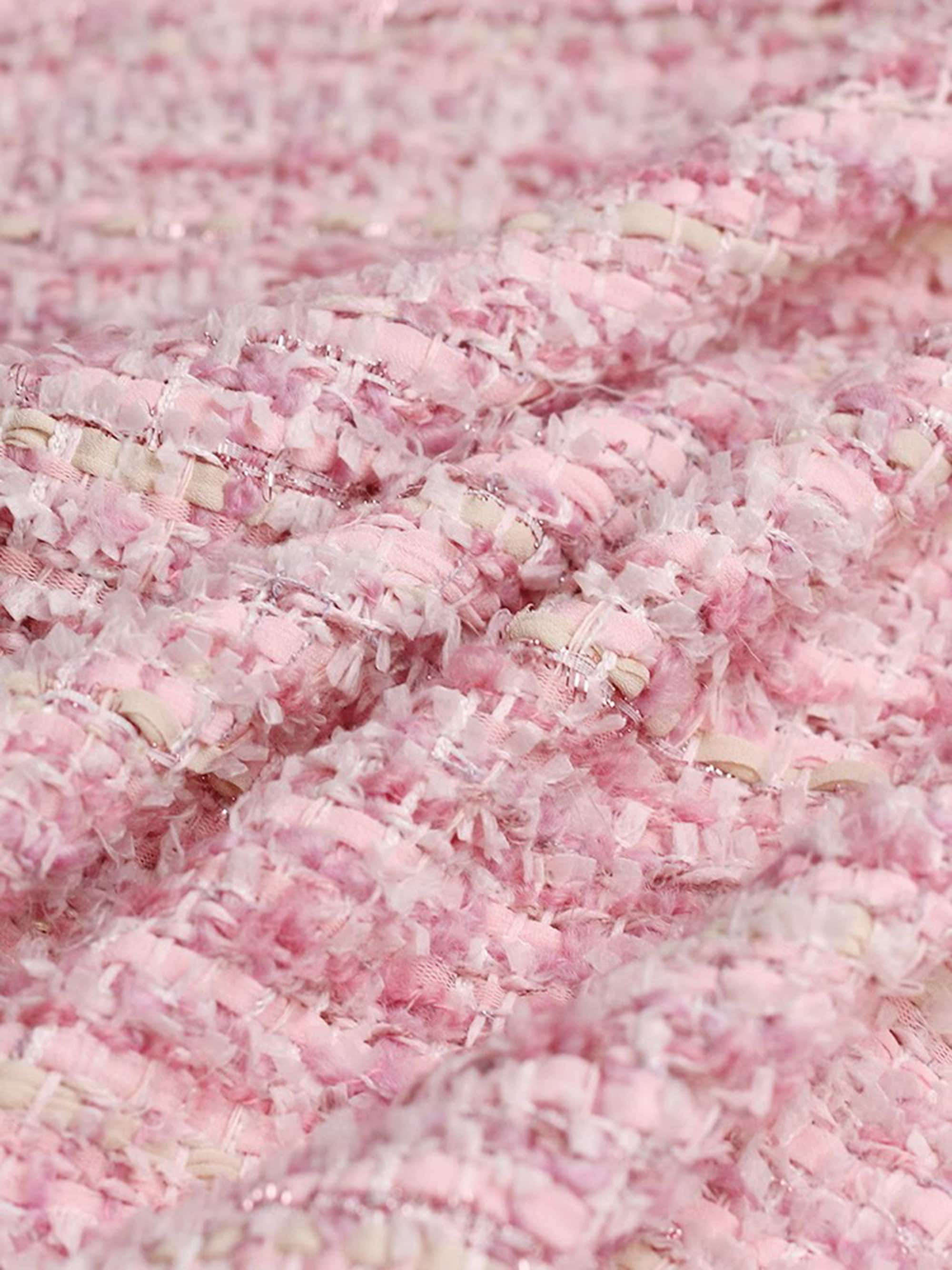 Sweet Pink Tweed Boucle Fabric, Woven 20% Wool Tweed Fabric with Tassel For Jacket Suit Coat Fabric 57 inches width