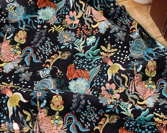 Tela jacquard abstracta con diseño animal, brocado negro bordado de colores, tela damasco para vestidos, alta costura, tela para proyectos DIY (145 cm de ancho).