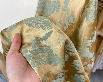 Gold Brocade Jacquard Fabric, Double Face Damask with Green Monstera Pattern For upholstery, Dress  DIY fabric 55 inches width